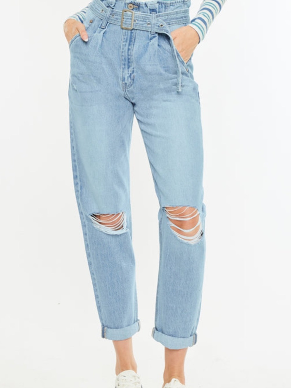 KanCan Light Blue Paperbag Waist Distressed Boot Cut Jeans